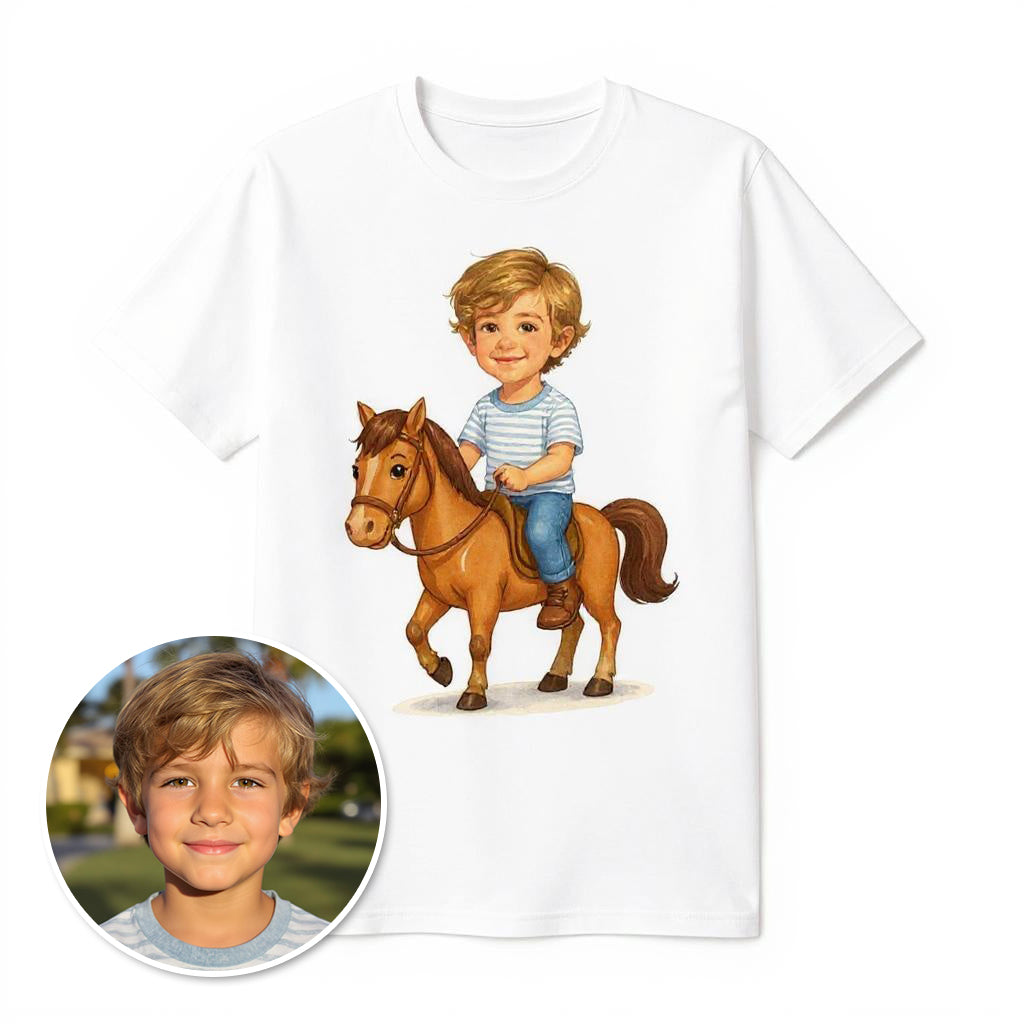 Custom Watercolour Rider Photo T-shirt - Turn Your Child Into a Cartoon!