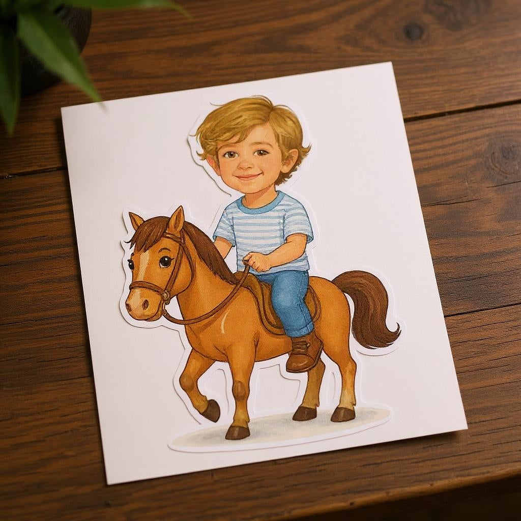 Custom Watercolour Rider Photo Sticker - Turn Your Child Into a Cartoon!