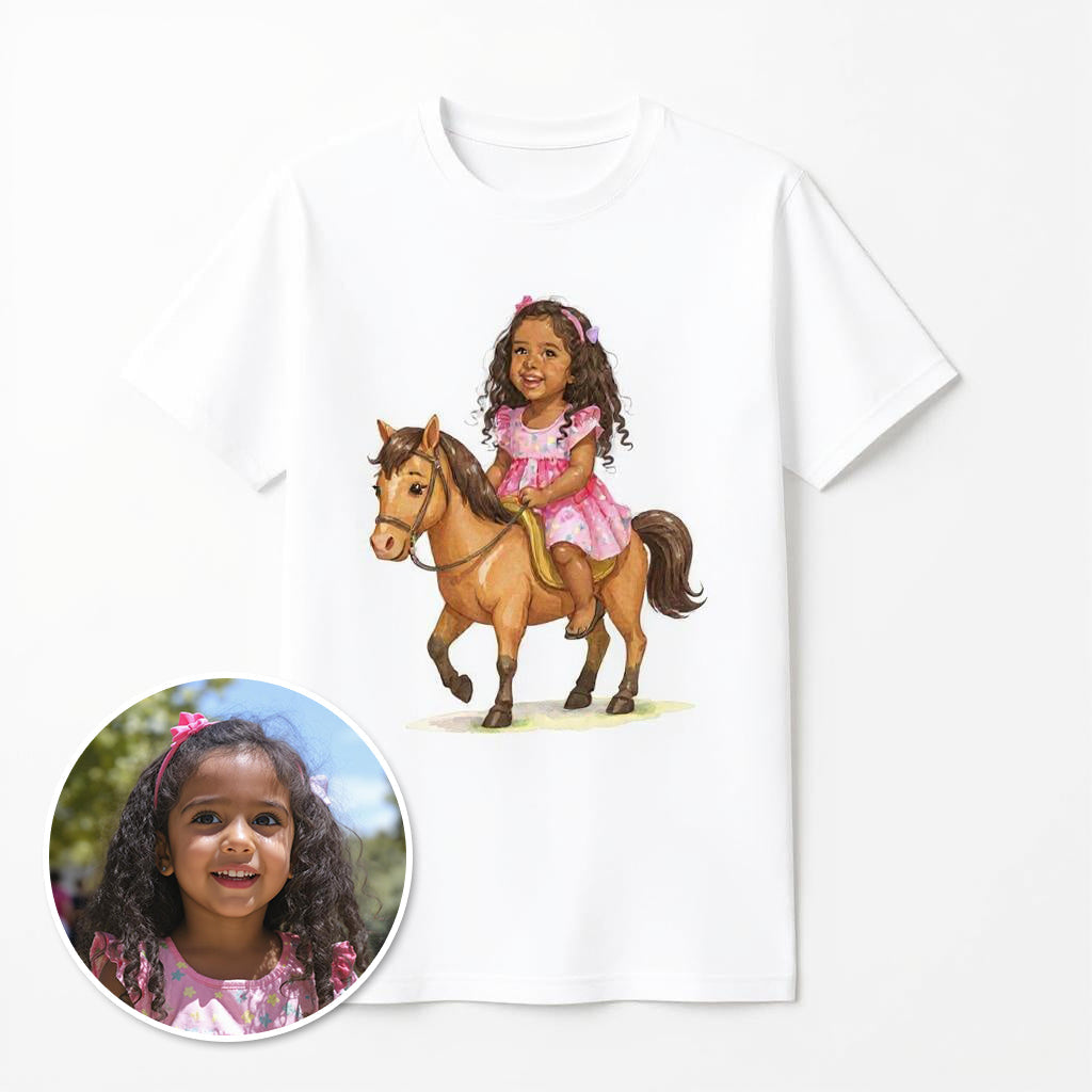 Custom Watercolour Rider Photo T-shirt - Turn Your Child Into a Cartoon!