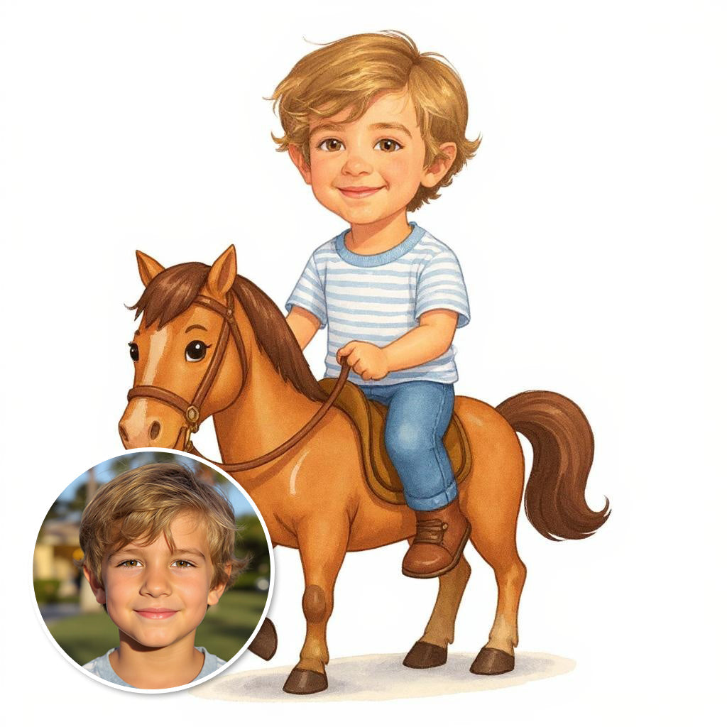 Custom Watercolour Rider Photo Sticker - Turn Your Child Into a Cartoon!